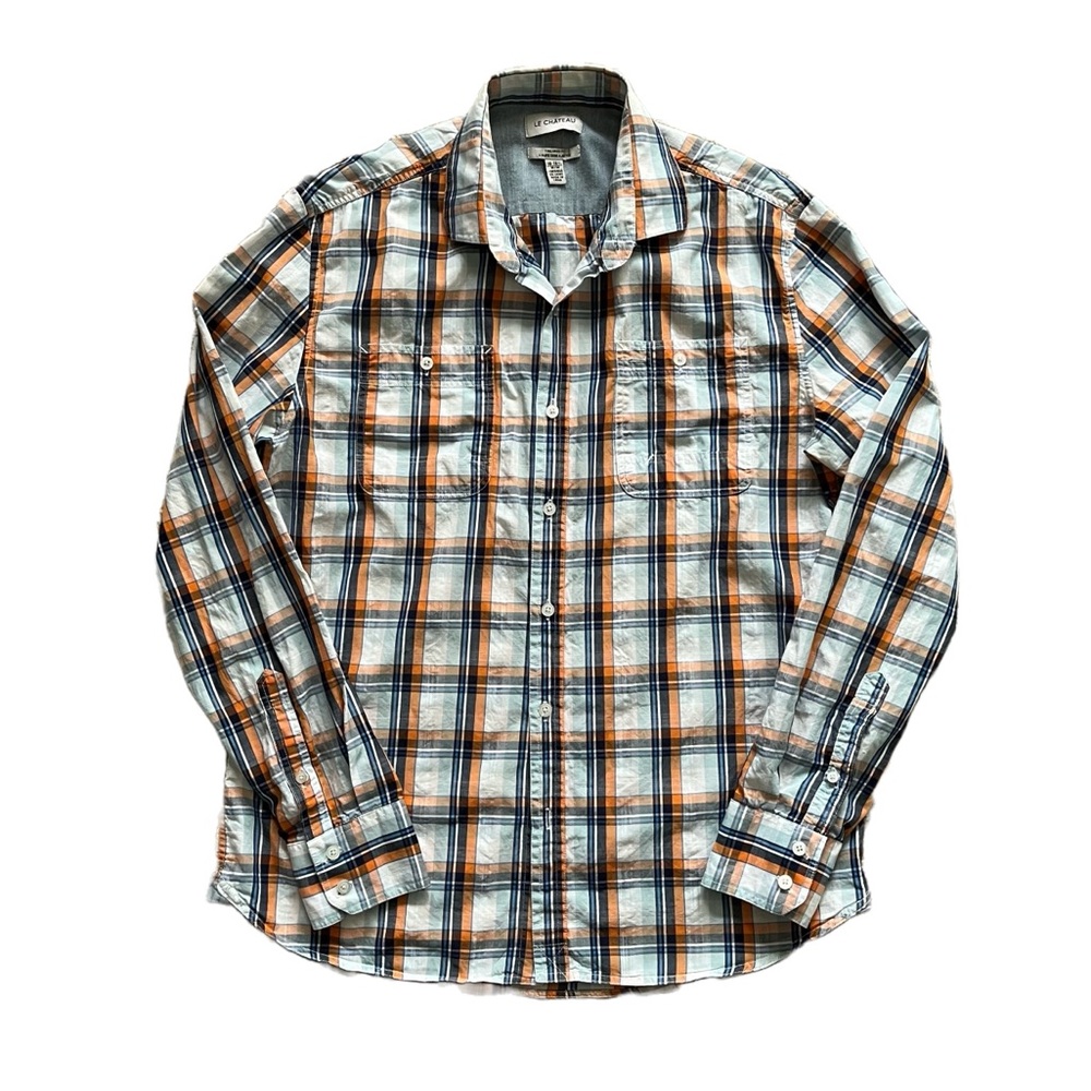 Le Chateau Plaid Tailored Blue Orange Button Down Long Sleeve Dress Shirt Med